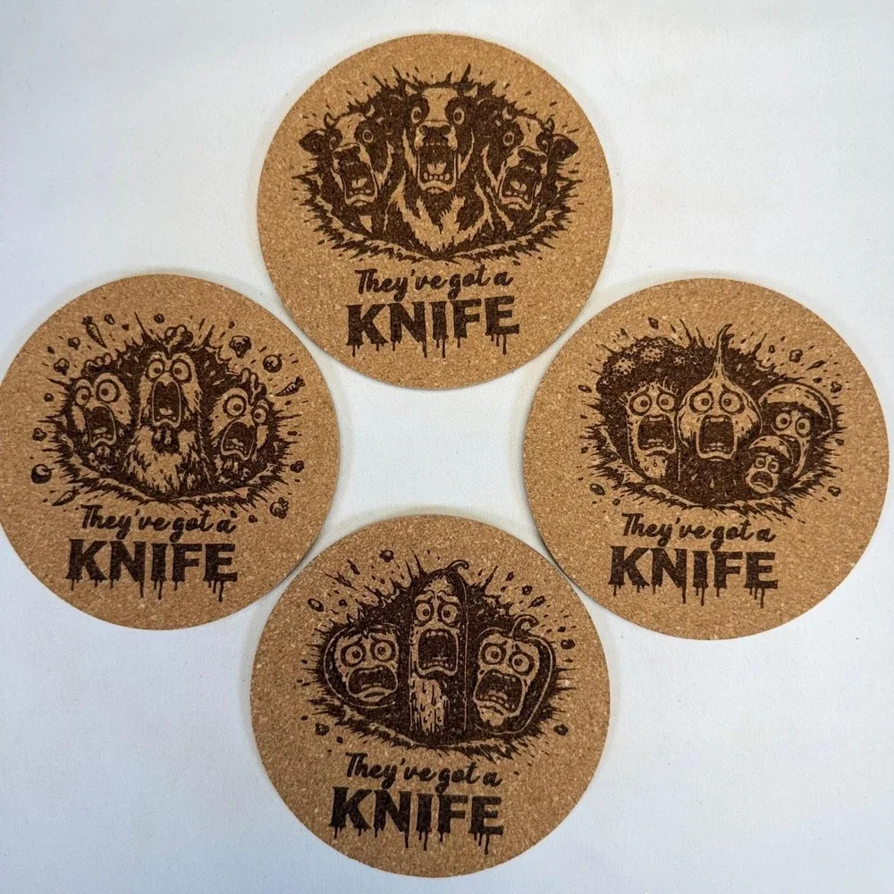 Funny Horror Cork Coaster Set 4 They've Got a Knife Chicken Cow Veggie Pun Bar